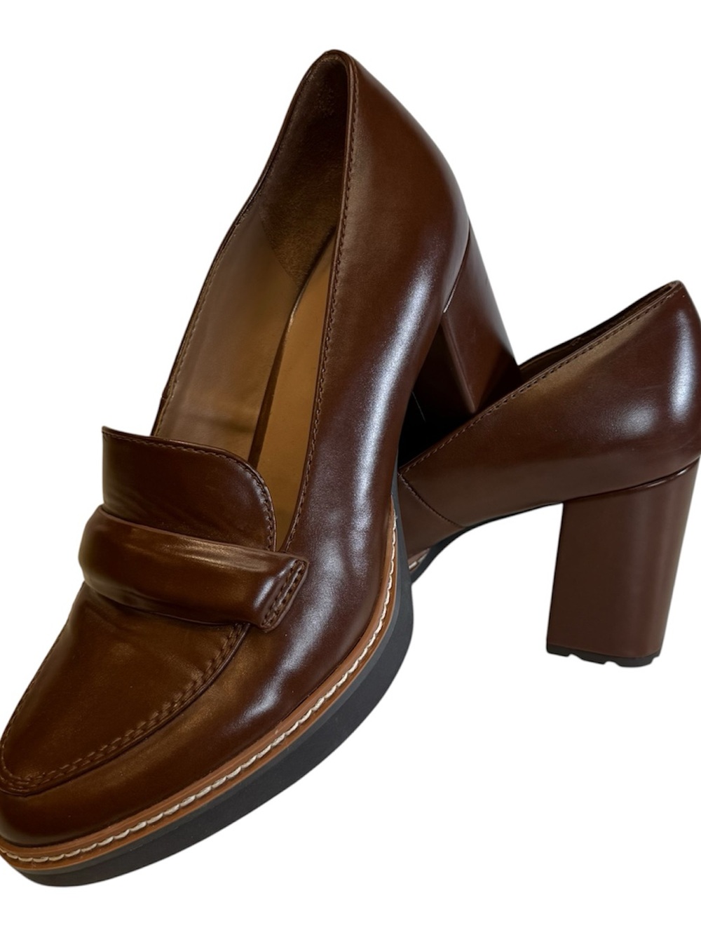 Naturalizer Womens 8.5W Brown Loafer Pump Chunky Block Heel Lug Sole Dress Shoes